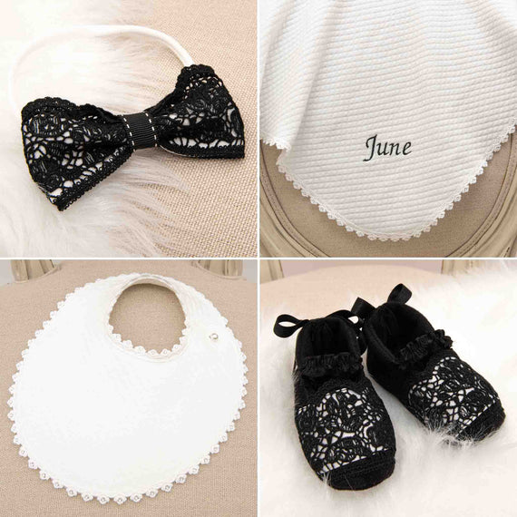 Four-image collage featuring stylish baby items: top left shows a black lace bow headband, top right is a white bib embroidered with "June," bottom left displays a white bib with lace trim, and Black Baby Booties