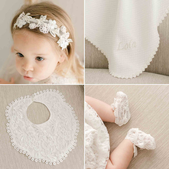 Four photos of what is included in the Lola Accessory Bundle, including the Headband, Booties, Bib and Personalized Blanket.