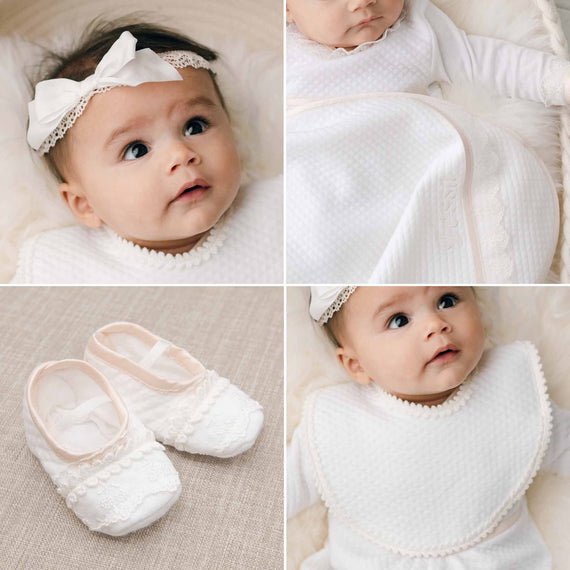Photos of four items that are a part of the Tessa Accessory Bundle, including the Booties, Bib, Headband, and Personalized Blanket.