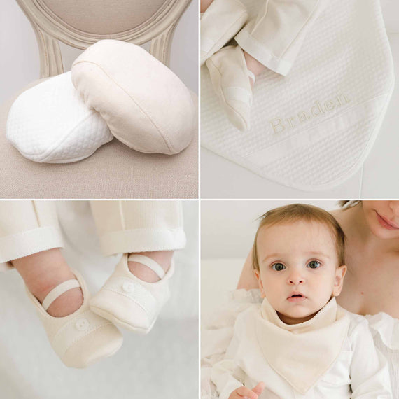 Four photos of the Braden Accessory Bundle, including the cap, booties, bib, and personalized blanket