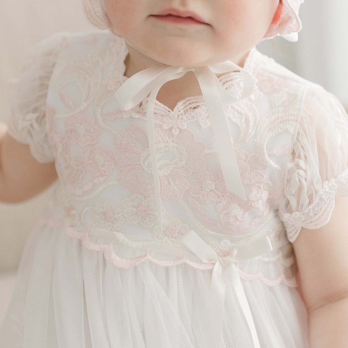 Pink and ivory lace cotton baby girl dress detail