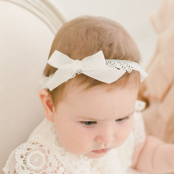 Popply lace christening headband with bow. 