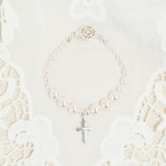 White Luster Pearl Bracelet with Silver Cross