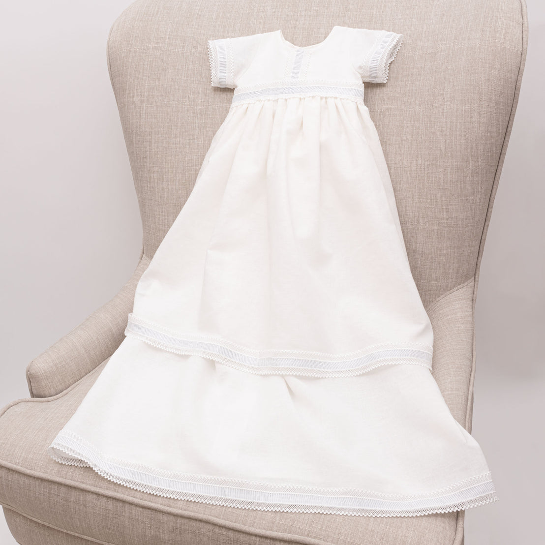 Picture of the full length Rowan linen boys baptism gown.