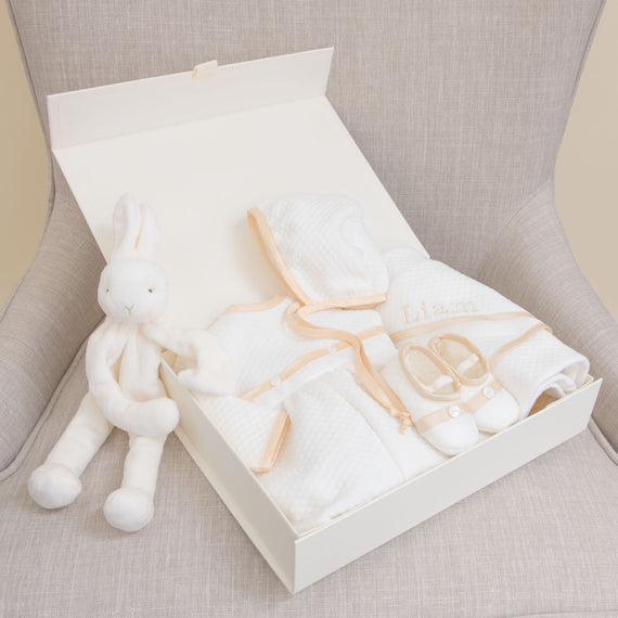 Contents of the Liam Newborn Romper Gift Box Set, including Romper, Bonnet, Booties, Bunny, and Blanket (Personalization Optional)