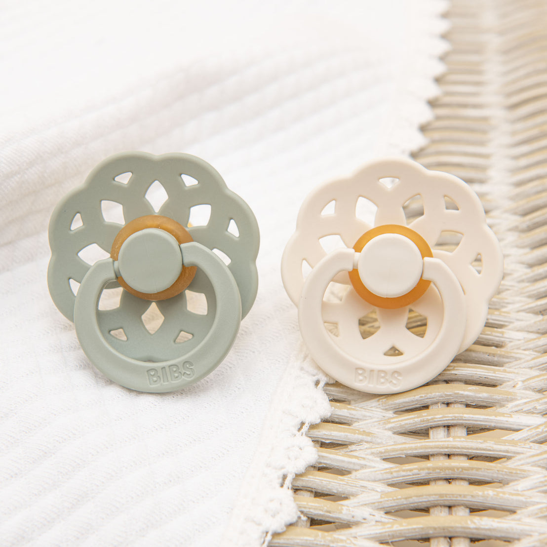 two bibs pacifiers - sage and ivory