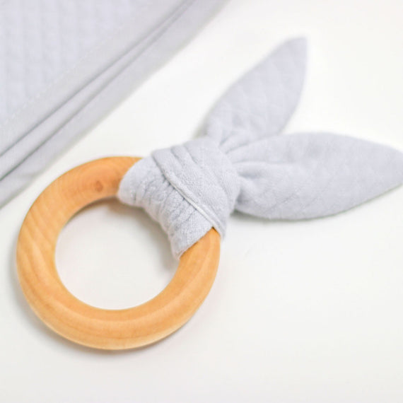 Wooden teether ring and Grayson cotton quilted fabric. 