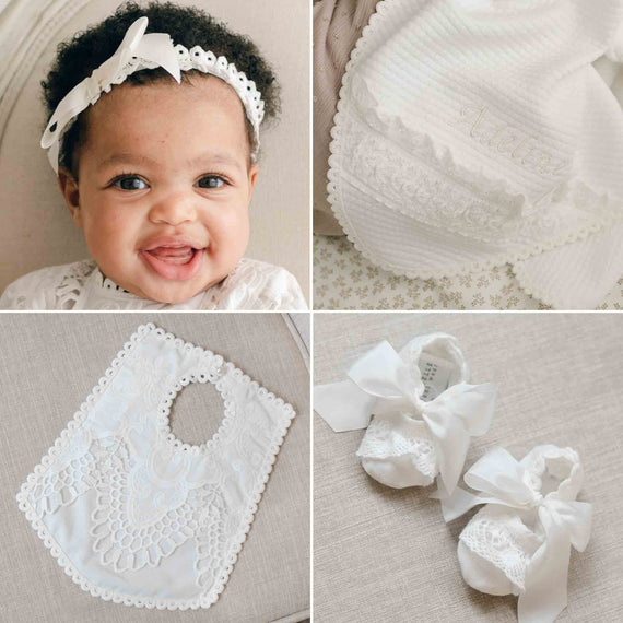 Collage of baby accessories including a headband, bib, and hair ties with lace details.