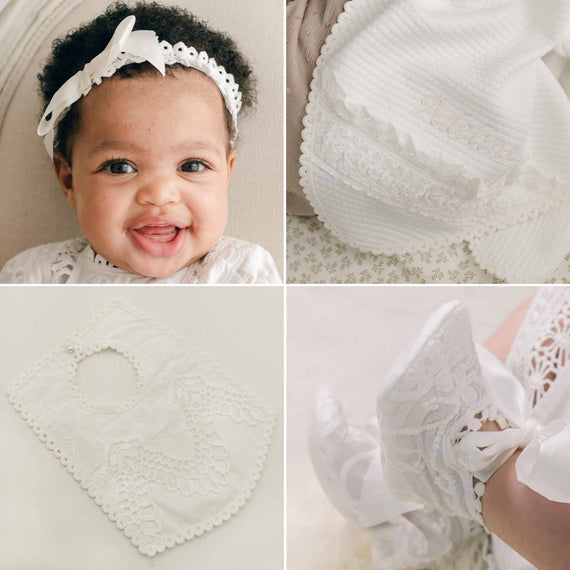 4 items that are part of the Adeline Christening Gift Set: Cotton Headband with Bow, Personalized Baptism Blanket, cotton bib and baby booties.