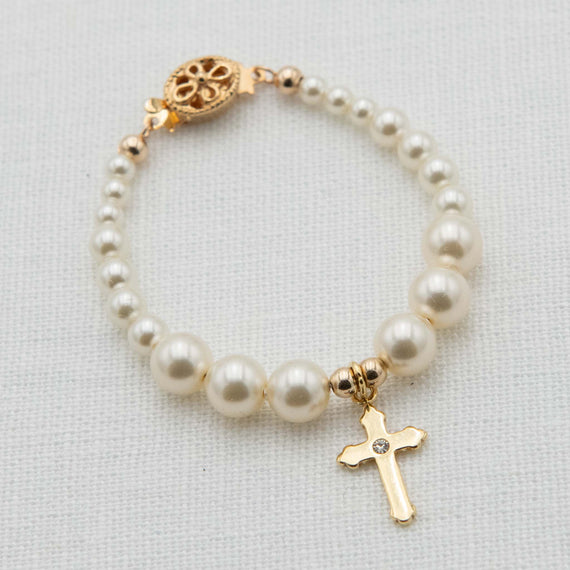 Gold cross pearl bead bracelet for baby