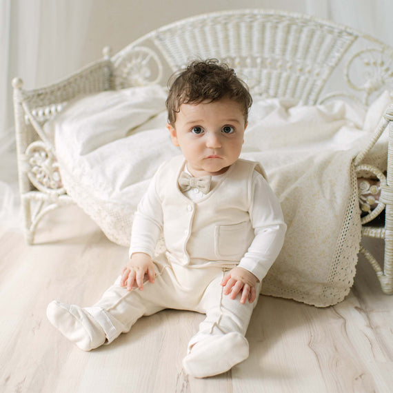 Baby in a natural ivory pants and vest suit sitting with a blanket