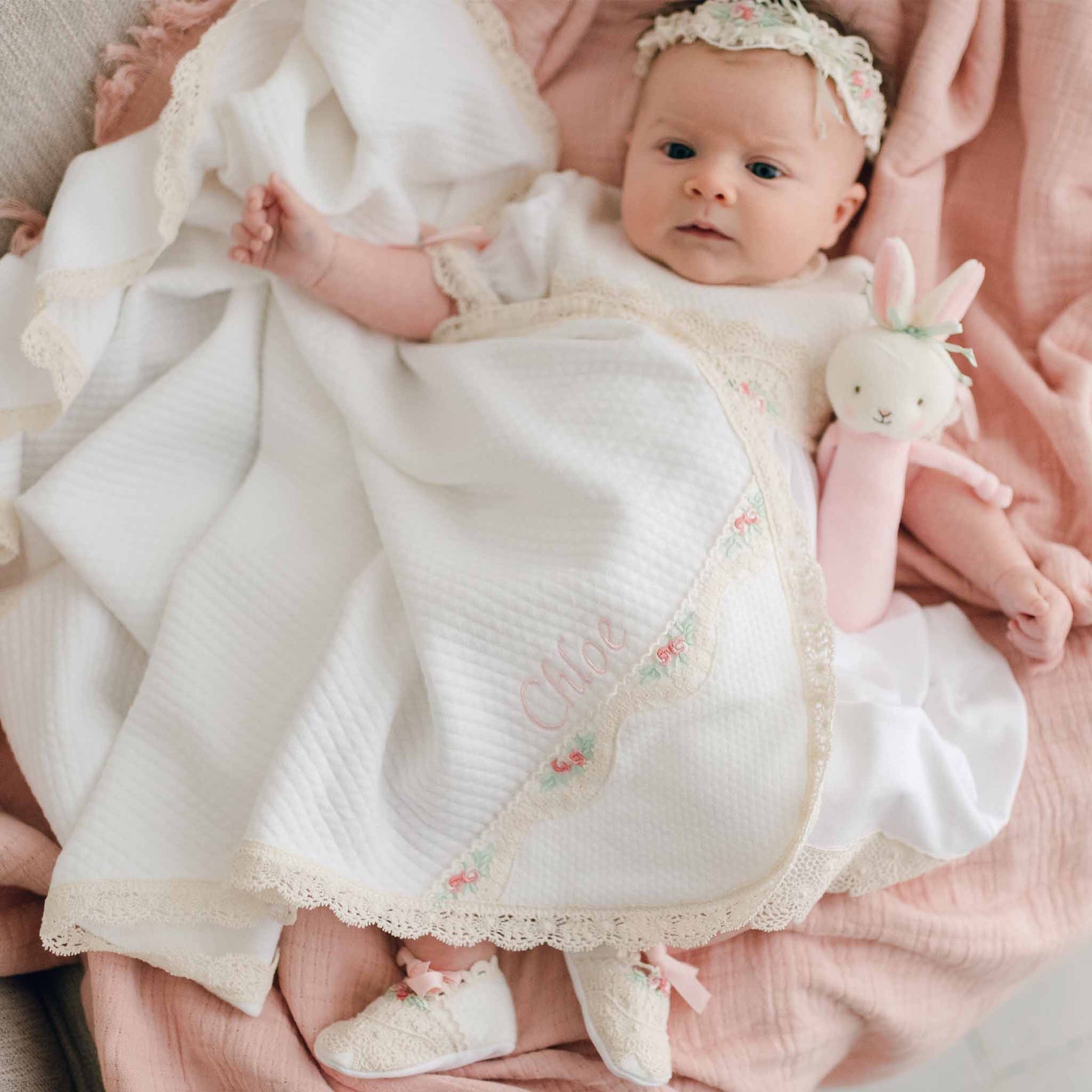 Chloe personalized blanket on baby