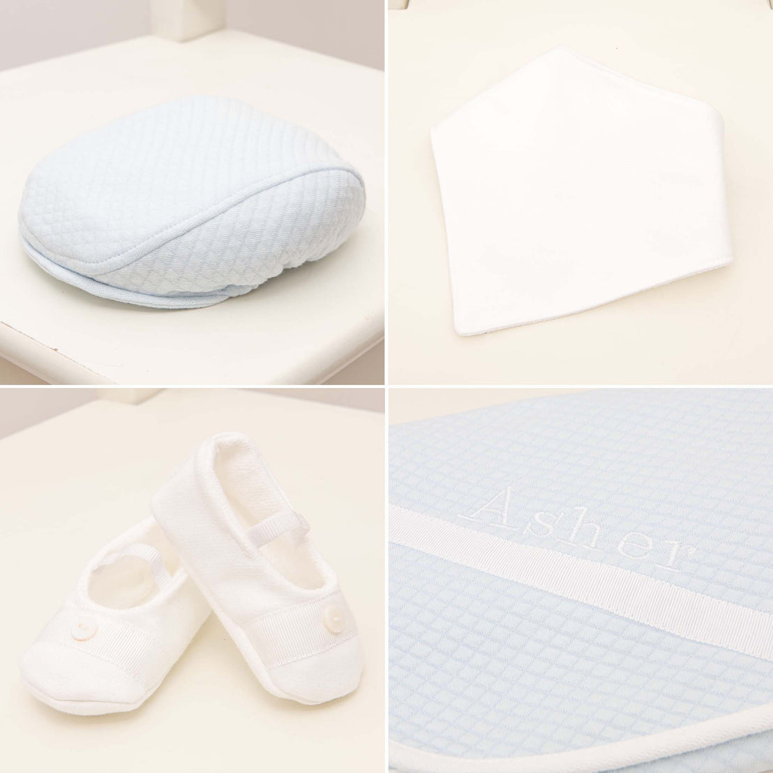 Four photos showing what is included in the powder blue Asher Suit Accessory Bundle, including the cap, booties, bib and a personalized blanket.