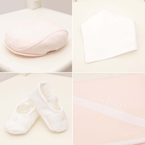 Four photos showing what is included in the pink Asher Suit Accessory Bundle, including the cap, booties, bib and a personalized blanket.