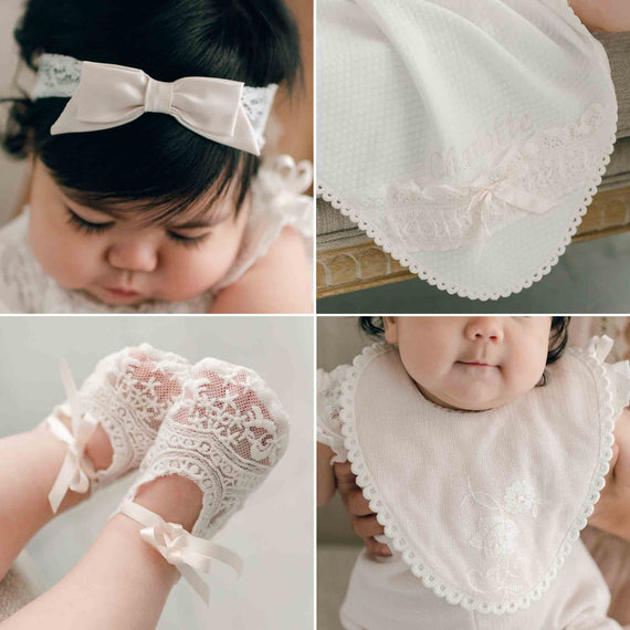 A collage of four images featuring the Charlotte Accessory Bundle - Save 15% for a baptism: a baby girl with a pink bow headband, ivory booties with pink ribbons, and a cotton and lace bib