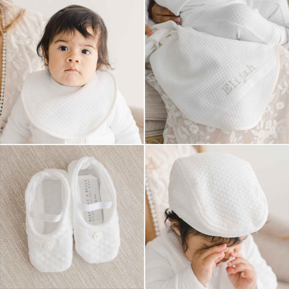 Four photos showcasing the accessories included in the Elijah Suit Accessory Bundle. This set includes the white quilted newsboy hat, Elijah booties, Elijah bib, and a personalized quilted blanket
