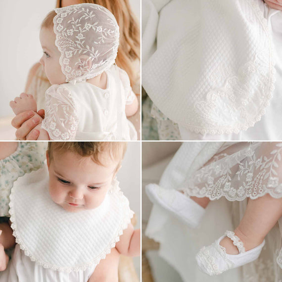 Four items in the accessory bundle: ella lace baptism bonnet, receiving blanket, christening bib and booties