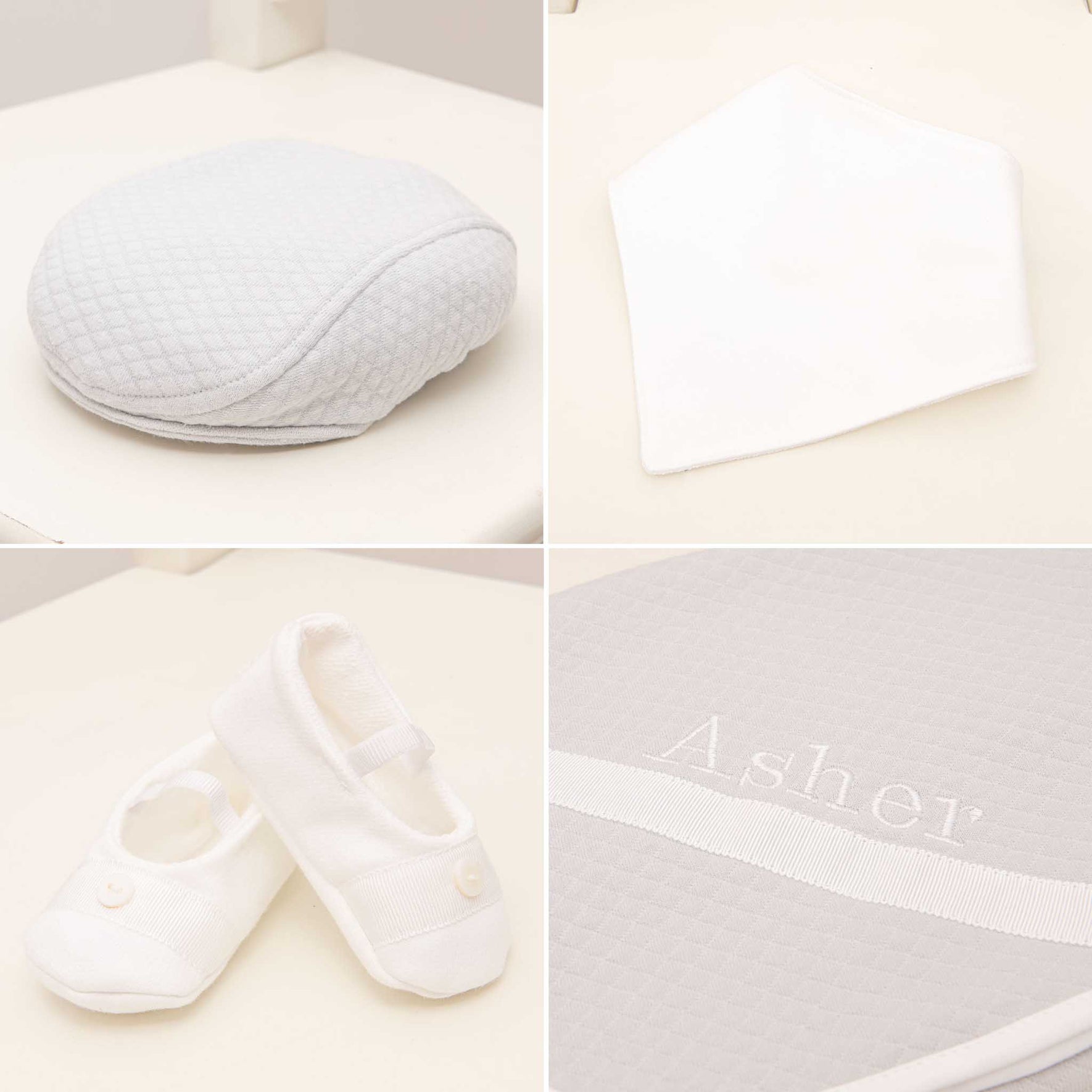 Four photos showing what is included in the grey Asher Suit Accessory Bundle, including the cap, booties, bib and a personalized blanket.