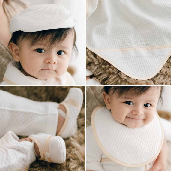 Four photos showing the Liam Suit Accessory Bundle, including the Newsboy Cap, Booties, Bib, and Personalized Blanket