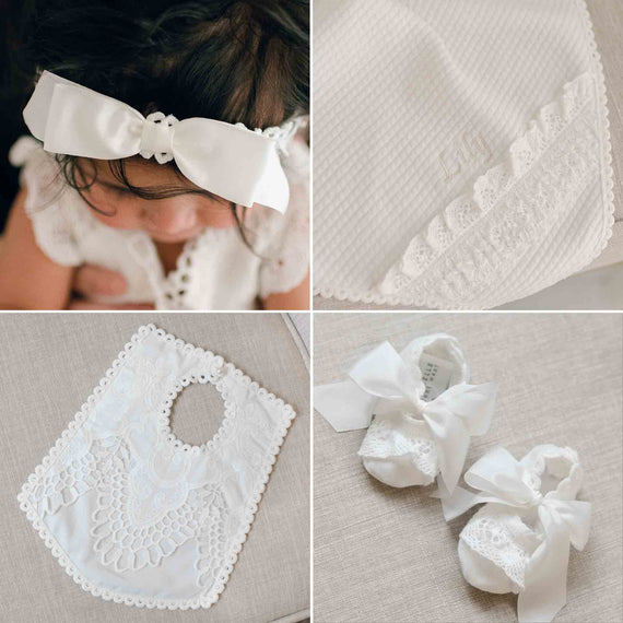 Collage of baby accessories including a headband, blanket, bib, and shoes on a neutral background.