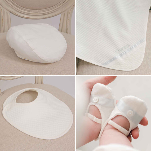 Four photos of what comprises the Owen Suit Accessory Bundle, including the Linen Newsboy Cap, Personalized Blanket, Bib, and Linen Booties