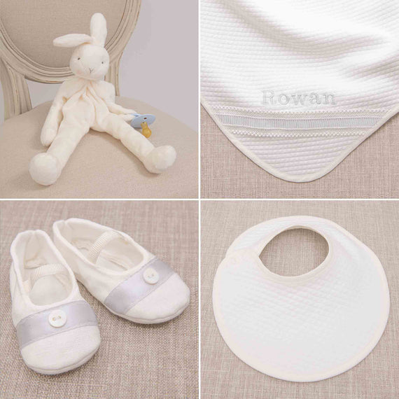 Christening Accessories for the Rowan Collection: plush bunny doll, personalized baptism blanket, christening booties, baptism bib.