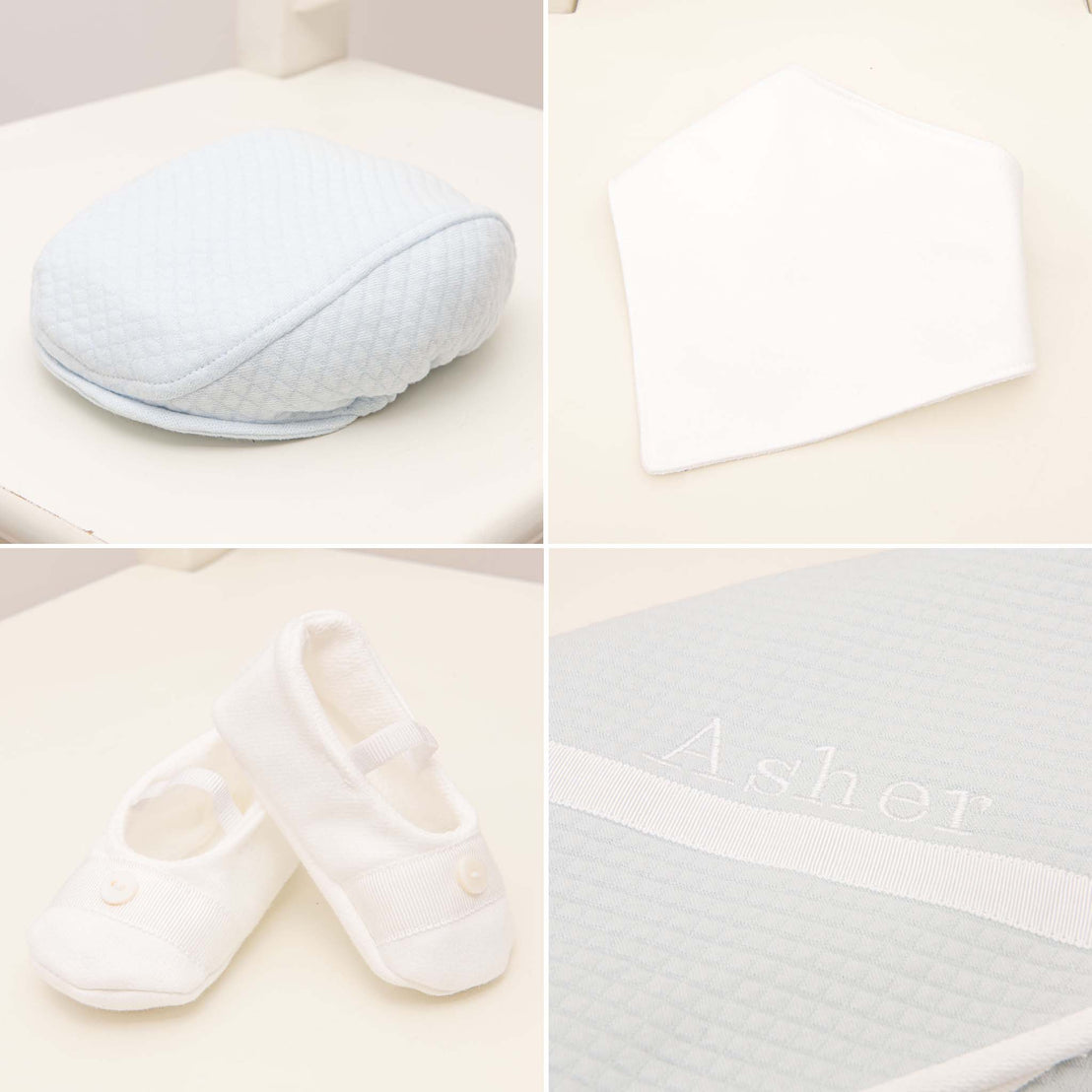 Four photos showing what is included in the soft teal Asher Suit Accessory Bundle, including the cap, booties, bib and a personalized blanket.