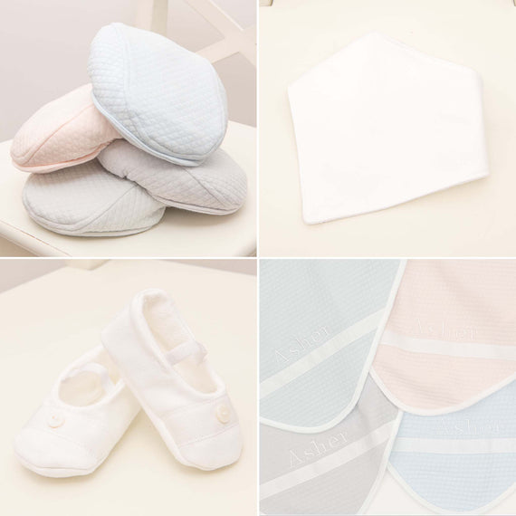 Four photos showing what is included in the Asher Suit Accessory Bundle, including the cap, booties, bib and a personalized blanket (available in four different colors: grey, blush, powder blue, or soft teal).