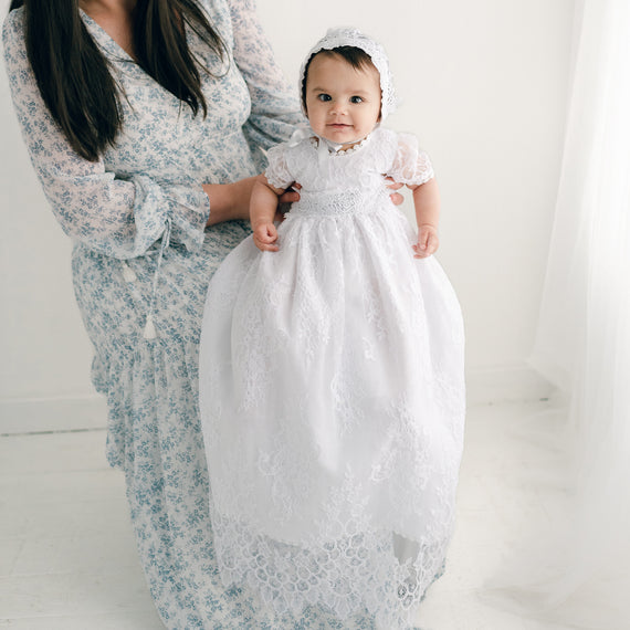 Newborn Dress Baby Baptism Christening Gown With Bonnet - Delicate Lace & Embroidered, Sizes 0-12 Months, White Poly-Cotton Newborn Dress Baby Baptism Christening Gown With Bonnet - Delicate Lace & Embroidered, Sizes 0-12 Months, White Poly-Cotton