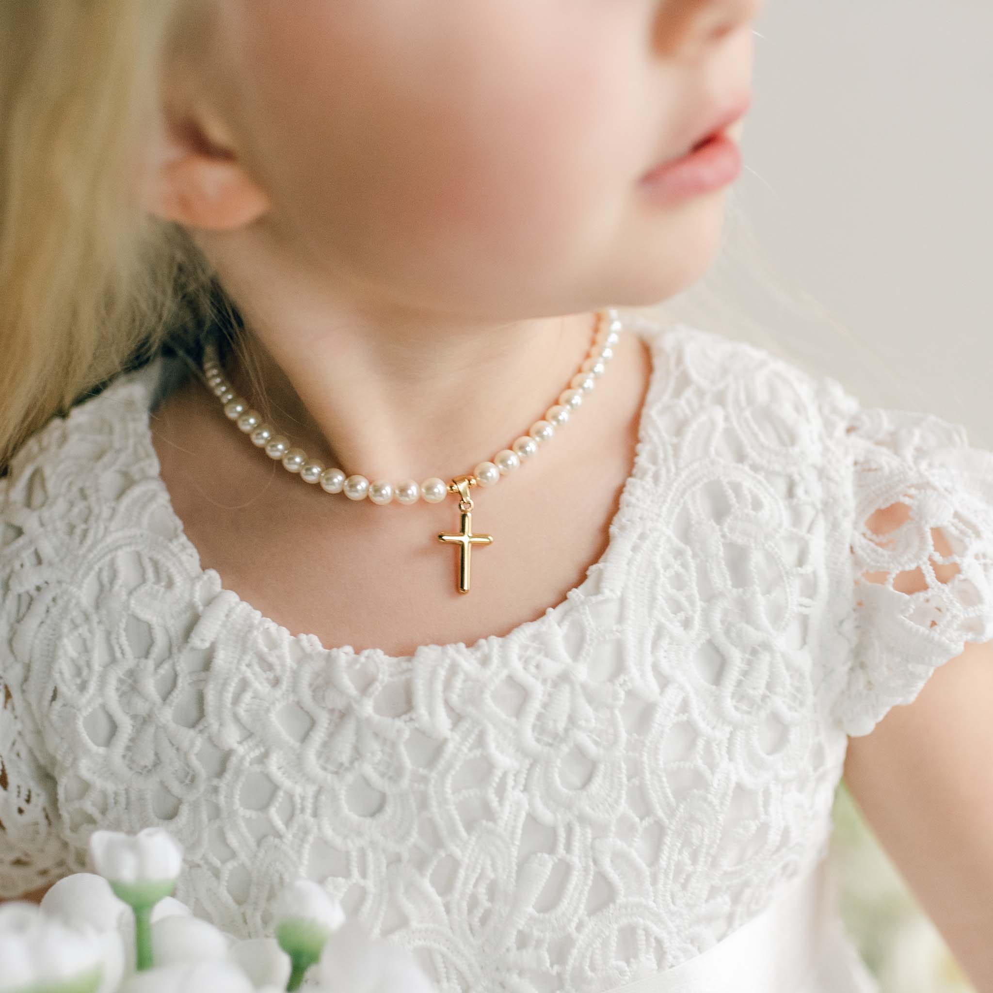 Cream Luster Pearl Necklace with Gold Cross –