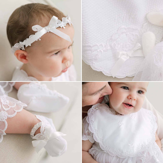 Collage of baby accessories including a lace headband, quilt blanket, booties, and a bib on a neutral background.