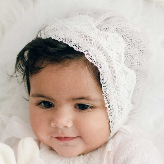 Hailey pink knit bonnet on baby