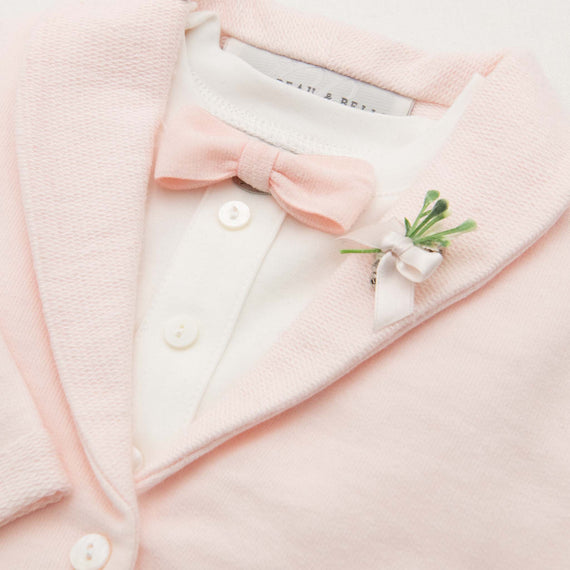 Blush velvety bow tie and boutonniere on pink cotton jacket Easter suit