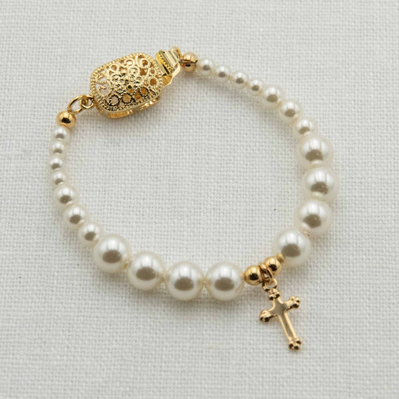 Gold cross pearl bead bracelet for baby