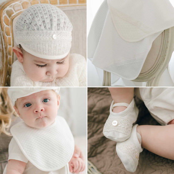 Four photos showing what is included in the Oliver Accessory Bundle, including the Cap, Booties, Bib & Personalized Blanket (in white or ivory).