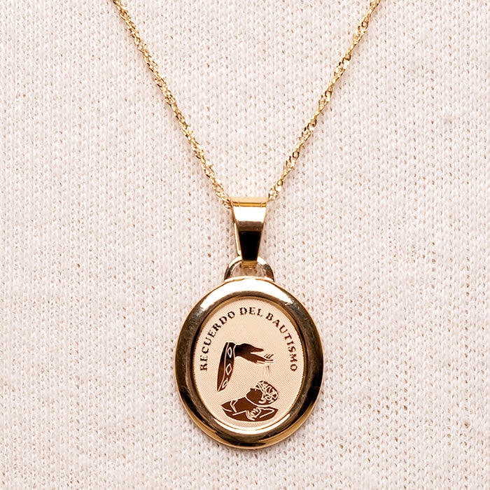 14k Gold Oval Etched Blessing Charm With Chain