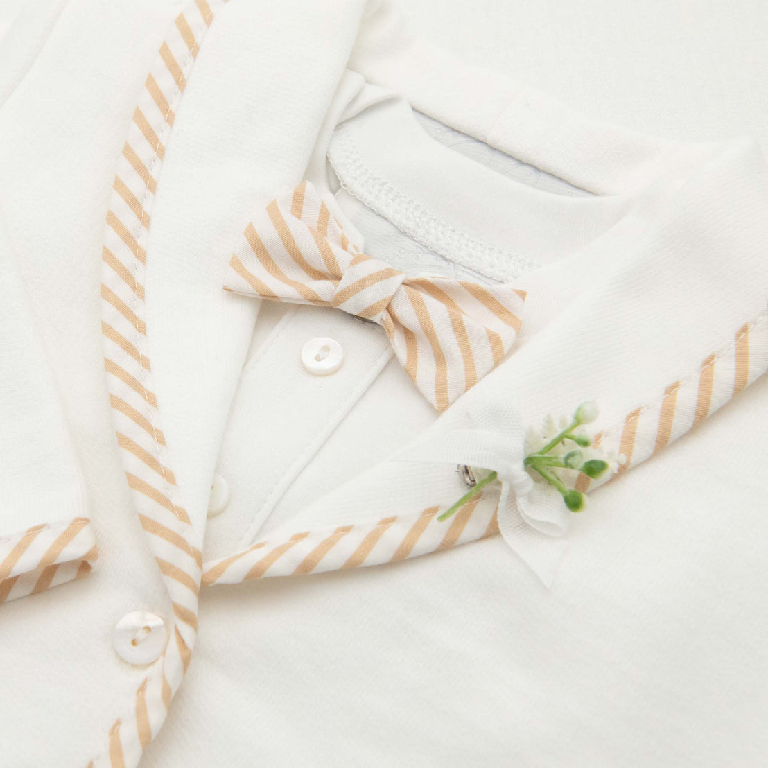 Tan striped cotton bow with and boutonniere  on baby boy party jacket