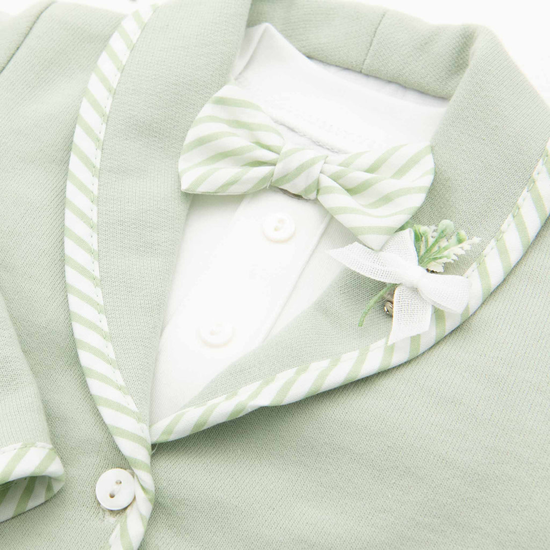 Green striped cotton bow with and boutonniere  on baby boy party jacket