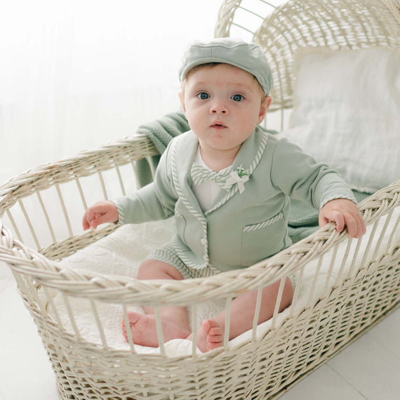 A baby wearing a pale green, handmade Theodore Shorts Suit and hat sits in a wicker bassinet. The baby has a serious expression and looks directly at the camera. The bassinet is lined with white fabric and is set in a softly lit room.