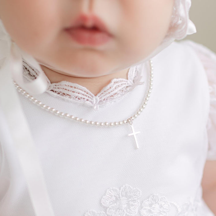 White Luster Pearl Necklace with Silver Cross
