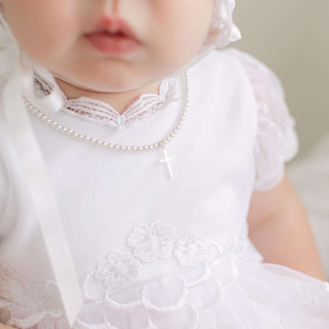 White Luster Pearl Necklace with Silver Cross