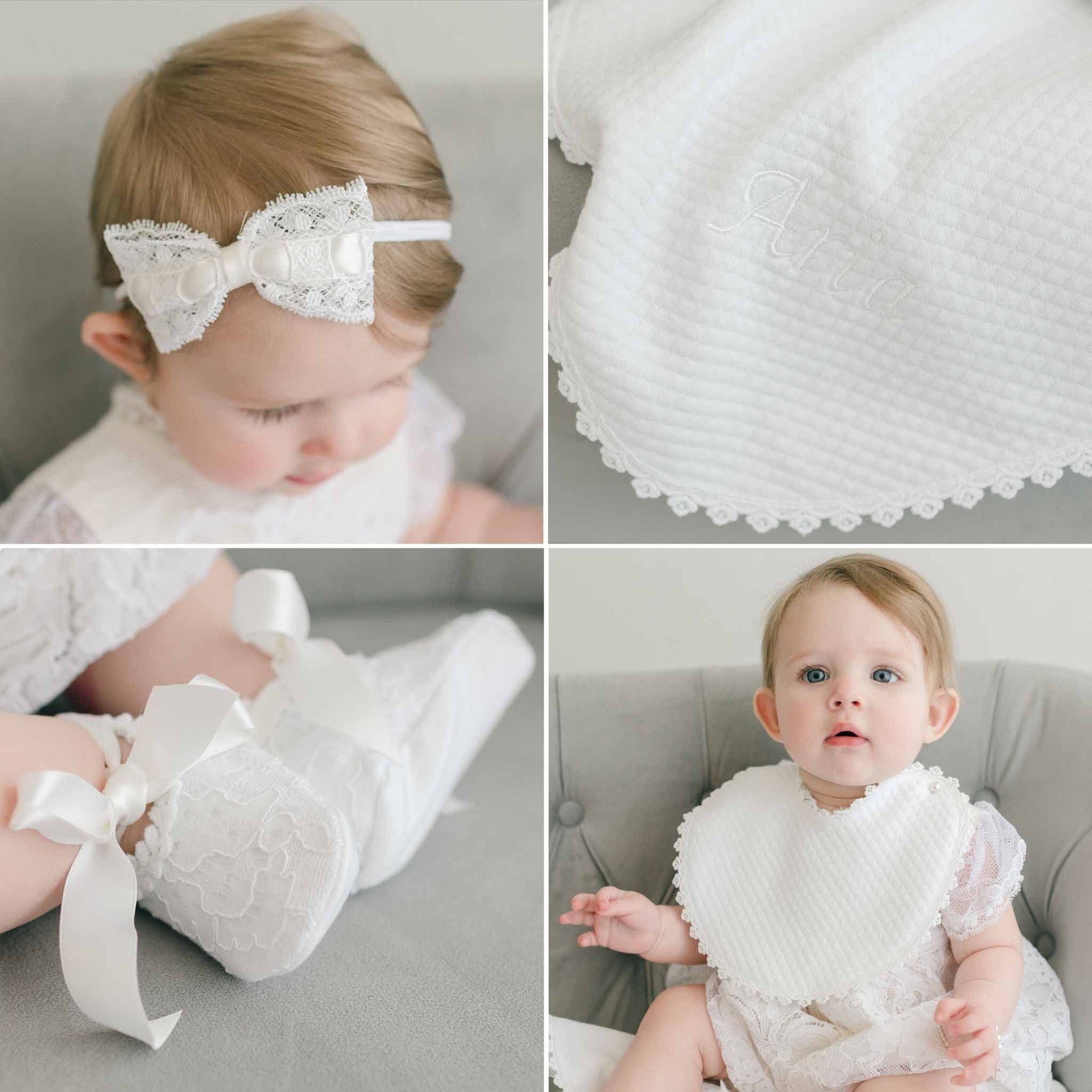 A collage of baby photos highlights a baby adorned with an Aria Accessory Bundle, featuring a lace headband and Christening gown, accompanied by a close-up of a personalized quilted blanket. The bundle also includes lacy white booties with ribbon and displays the baby in a white textured bib on a gray chair.