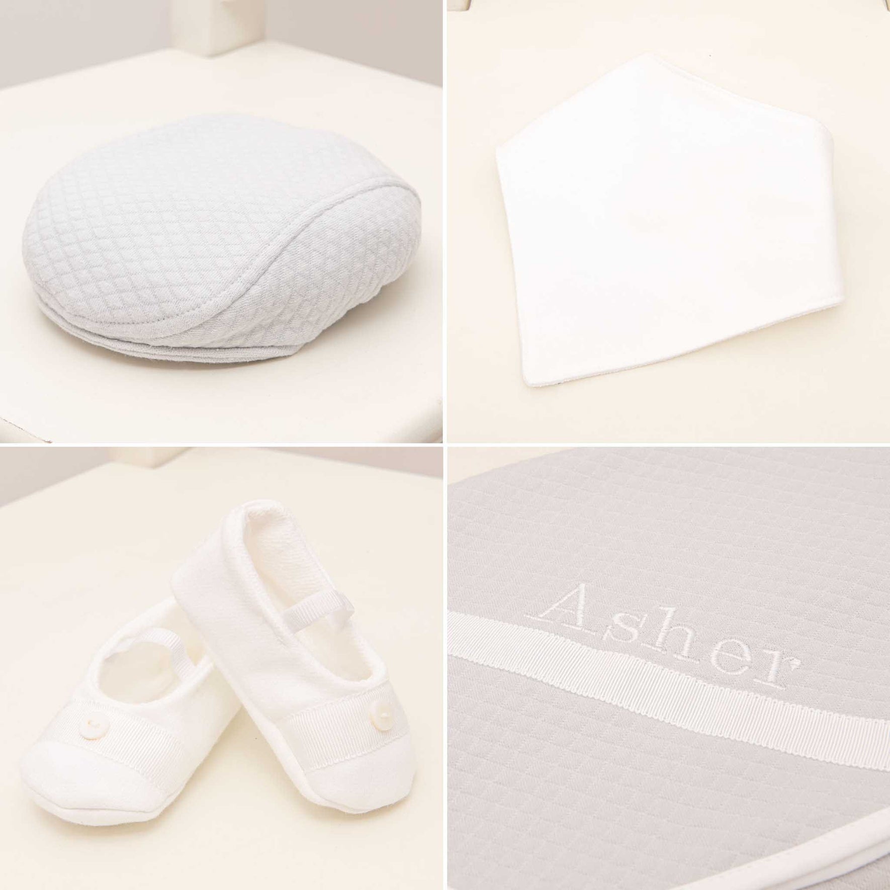 Four photos showing what is included in the grey Asher Suit Accessory Bundle, including the cap, booties, bib and a personalized blanket.