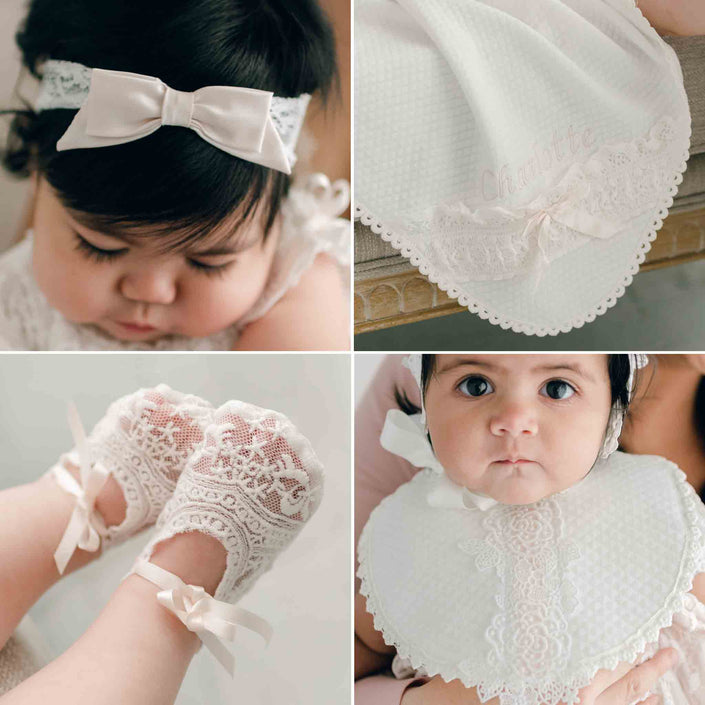 A collage of four images featuring the Charlotte Accessory Bundle: Charlotte Lace Headband, Charlotte Personalized Blanket, Charlotte Bib, and Charlotte Booties. lace bib