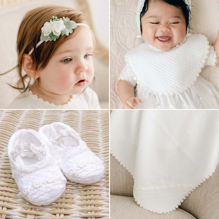 Collage of four images: a baby with a floral headband, heirloom white lace bib, baby shoes on a wicker surface, and a close-up of upscale fabric with "Eliza" embroidered.