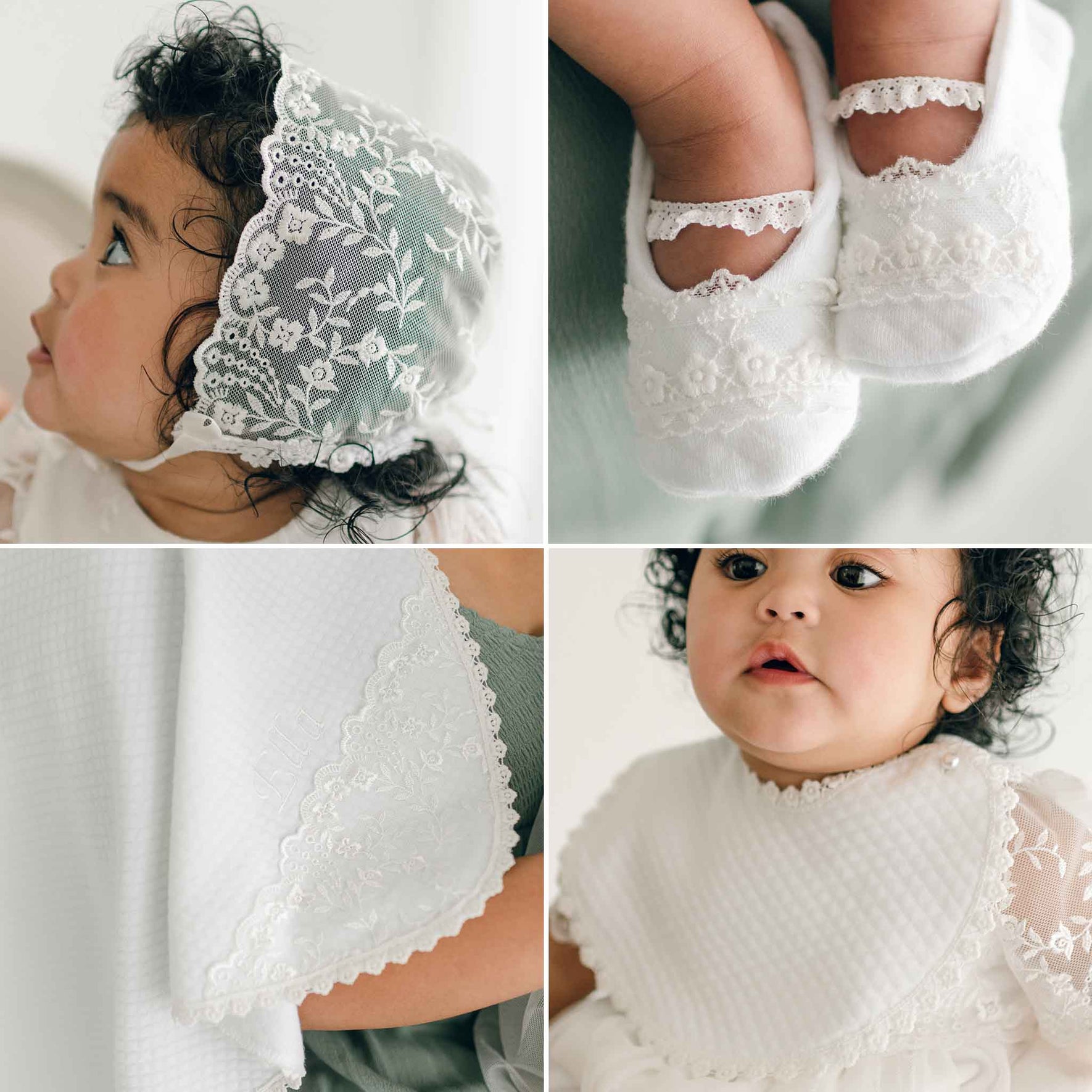 A collage of four photos showcasing the products included in the Ella Accessory Bundle: Ella lace baptism bonnet, receiving blanket, christening bib and booties.