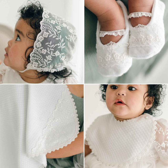 A collage of four photos showcasing the products included in the Ella Accessory Bundle: Ella lace baptism bonnet, receiving blanket, christening bib and booties.