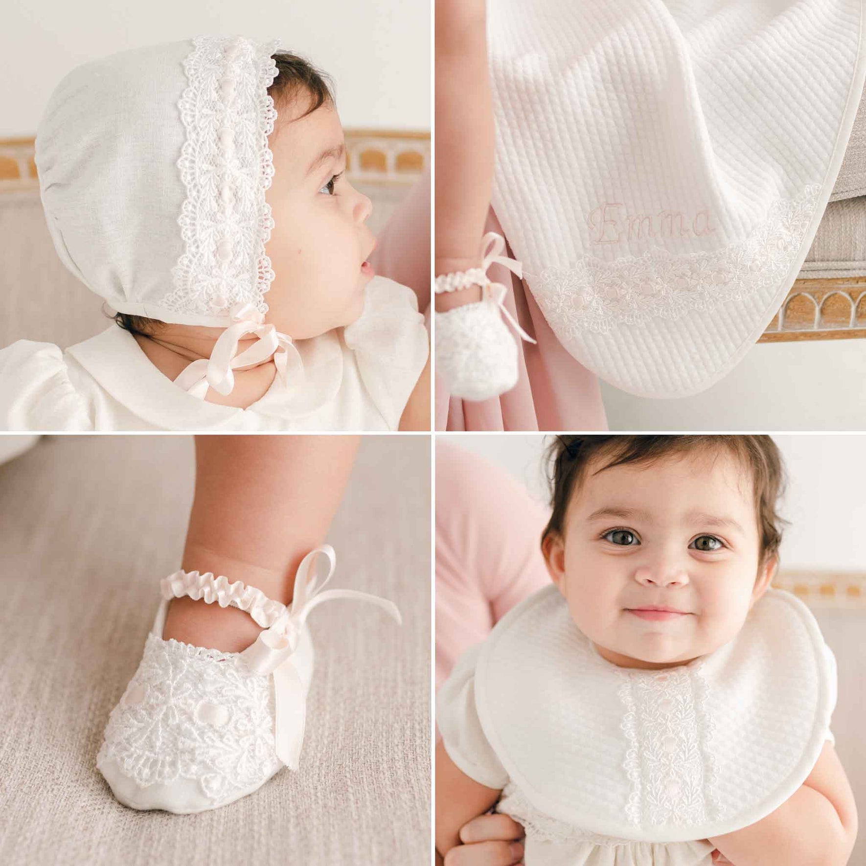 A collage of four images showcasing a baby adorned in the Emma Accessory Bundle, highlighting intricate details of the attire including a gown, lace bonnet, embroidered dress, and delicate lace shoes with ribbons. The close-up shots beautifully capture the matching accessory set.