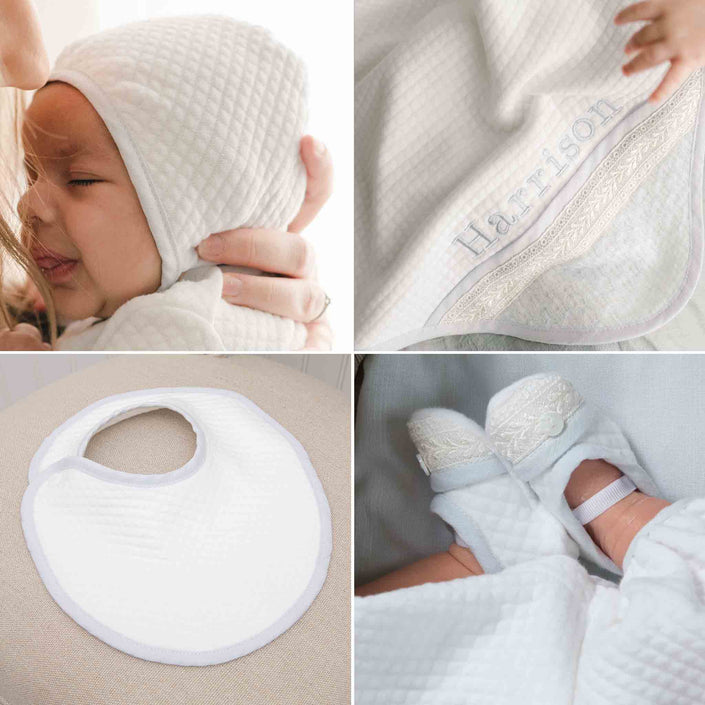 A collage of four images from the Harrison Newborn Accessory Bundle: a baby wearing a textured white hood, a close-up of a personalized quilted blanket featuring "Harrison" embroidery, a round white bib on a beige surface, and tiny feet adorned with booties showcasing textured trim. Save 15% on this bundle.