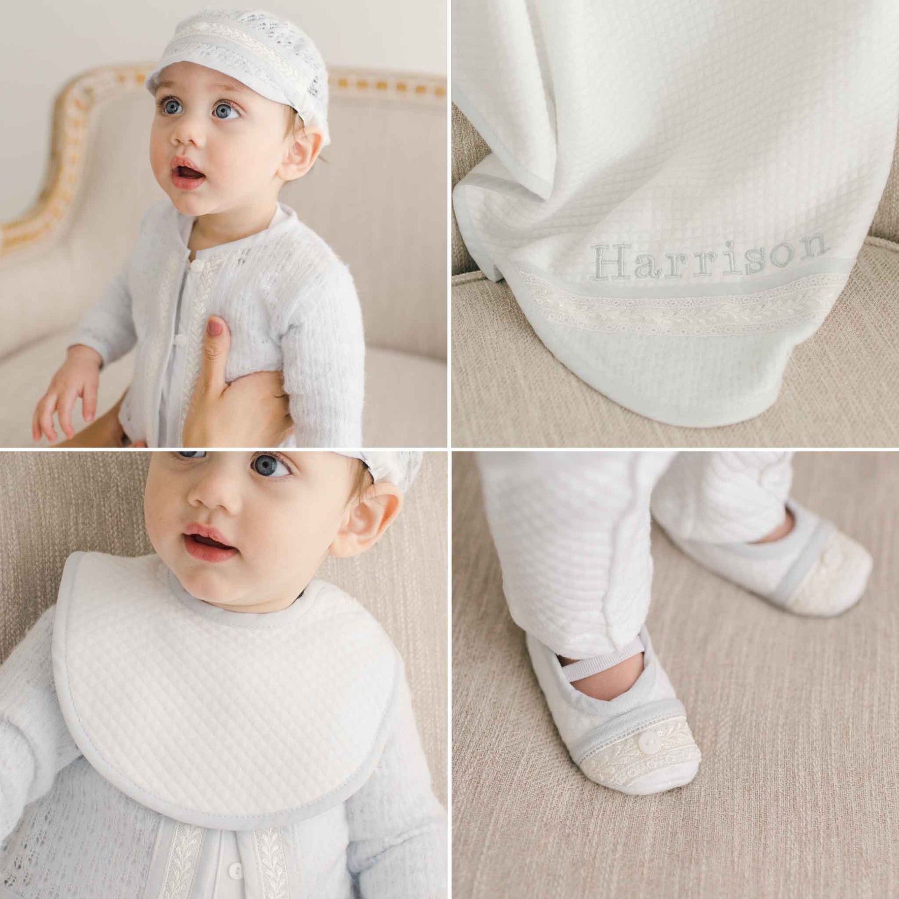 A collage featuring a baby dressed in the "Harrison Romper Accessory Bundle- Save 15%" outfit, seated on a beige couch. The images showcase the baby's face, a personalized quilted blanket embroidered with "Harrison," along with coordinating bib and fabric-accented shoes.